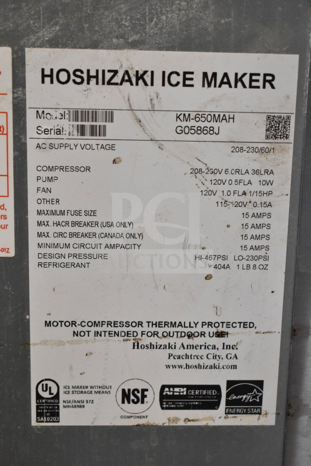 Hoshizaki KM-650MAH Commercial Ice Machine Head, 208-230V, 1 Phase, serial G05868J, NSF certified.