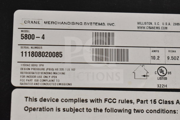 Crane 5800-4 vending machine label showing model, serial number 111808020085, voltage, and compliance info.