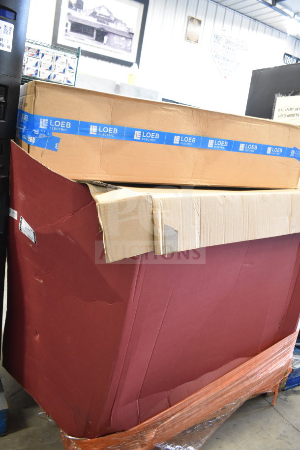 Bulk box of 67 Loeb Electric lighting fixtures. Visible blue Loeb tape seals the cardboard box, indicating unopened contents.