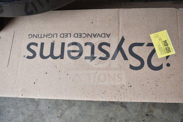 Cardboard box with "Dyseams Advanced LED Lighting" text and a yellow shipping label visible, associated with the auction item "4 Various Items Including K5SM Lights and Metal."