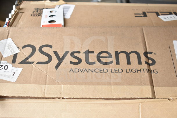 Cardboard box labeled "12Systems Advanced LED Lighting," containing light fixtures. Visible tags and package details.