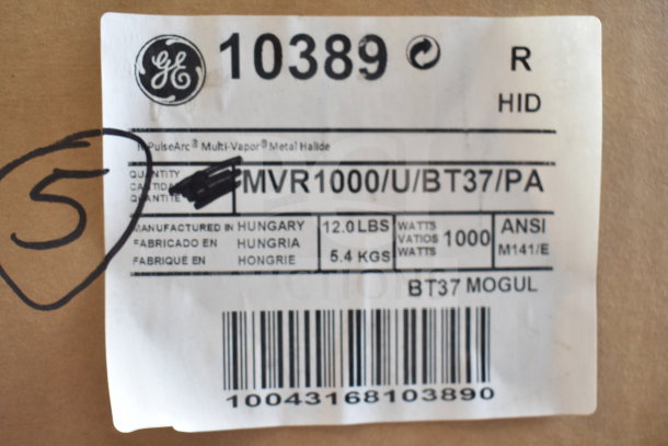 GE MVR1000/U/BT37/PA light label showing model, 1000 watts, ANSI M141/E, 12 lbs, made in Hungary. Box marked with "5".
