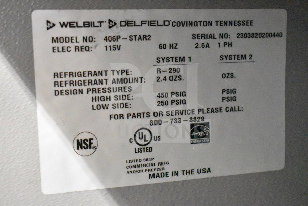 2023 Delfield 406P-STAR2 undercounter cooler label, 115V, single phase, R-290 refrigerant, NSF and UL listed. Made in USA.