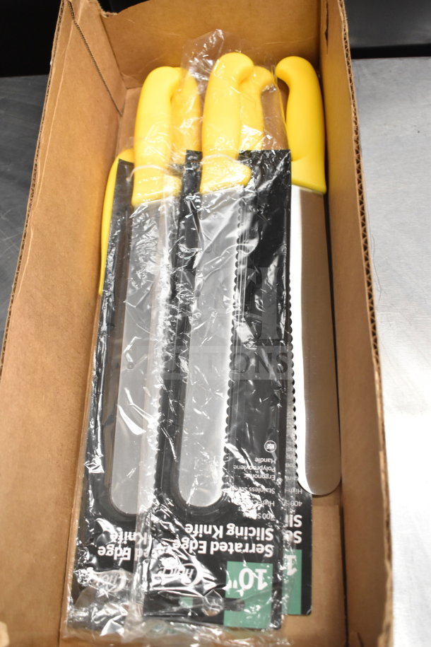 6 new Choice 220KSLCS10YW 10" serrated bread knives. Yellow handles. Scratch and dent condition.