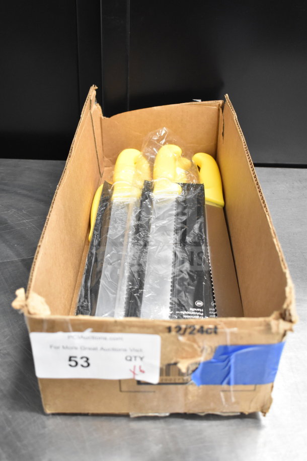 Box of 6 new Choice 220KSLCS10YW 10" serrated bread knives with yellow handles, slight scratches, packaged in plastic.