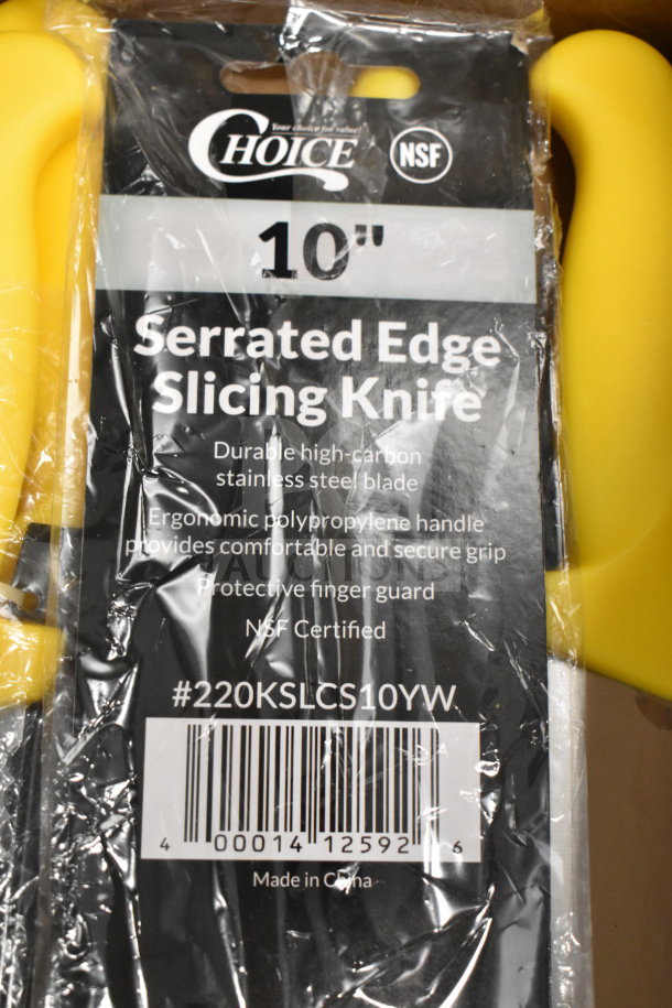 6 Choice 10" serrated bread knives, yellow handle, NSF certified, high-carbon steel, ergonomic grip, model #220KSLCS10YW.