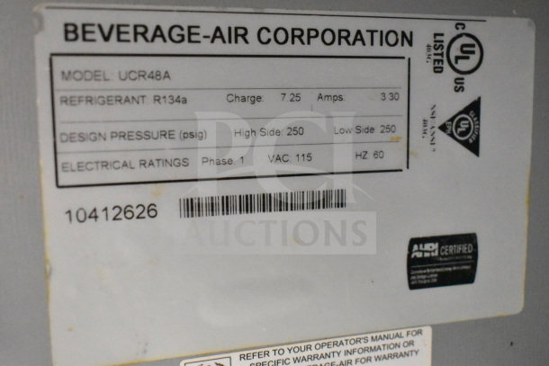 Beverage Air UCR48A commercial 2-door undercounter cooler label. 115V, 1-phase, model details, UL listed.