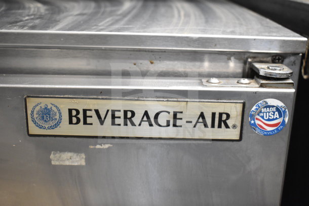 Beverage Air UCR48A commercial cooler with stainless steel exterior, dual doors, and casters. Label indicates "Made in USA."