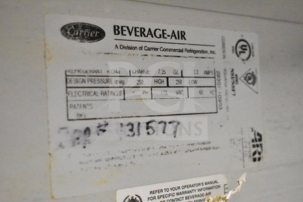 Beverage Air Commercial Sandwich Salad Prep Table appliance label. Displays design pressure, electrical ratings, model info.