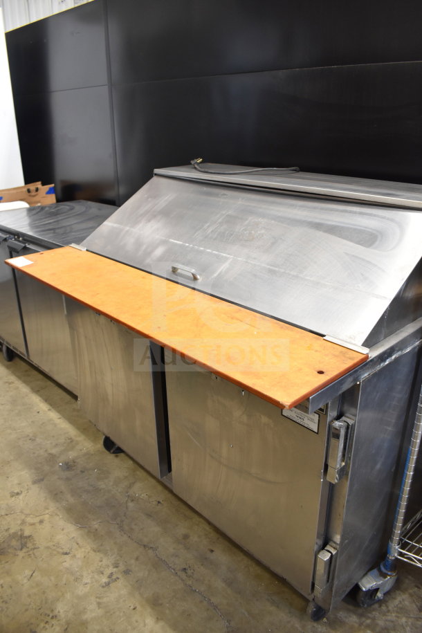 Beverage Air commercial prep table, stainless steel, Bain Marie Mega Top, on casters, 115V, 1 phase, visible wear.