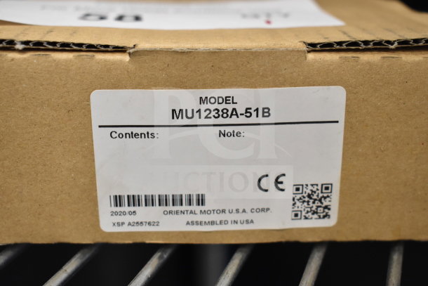 MU1238A-51B 4.69 in. MU Series Axial Fan in box. Label shows model, CE mark, barcode, assembly details.