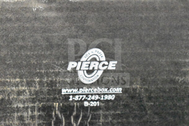 Cardboard box with Pierce Corporation logo, website, and phone number indicating packaging material supplier.