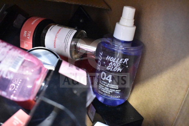 Box of assorted items including Holler and Glow Cherry Blossom Body and Hair Mist, 200ml. Various conditions.