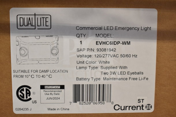 6 new DualLite EVHC6IDP-WM LED emergency lights; white, 120/277VAC, Li-Fe battery, suitable for damp locations.