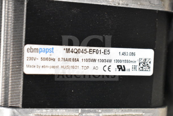 EBM Papst M4Q045-EF01-E5 motor, 230V, 50/60Hz, 0.75A/0.65A, label indicates model and electrical specs.