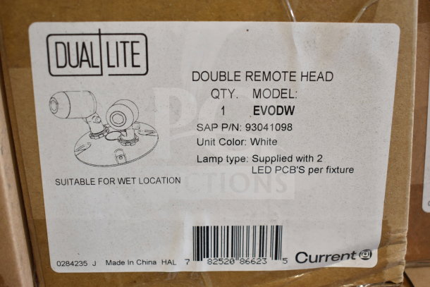 DualLite EVODW Double Remote Head box label, model EVODW, white color, for wet locations. Made in China.