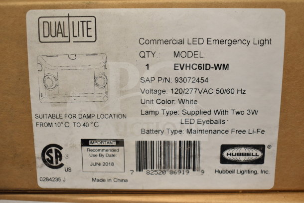 DualLite EVHC6IDP-WM LED emergency light box label, white unit, dual 3W LED, 120/277VAC, maintenance-free Li-Fe battery.