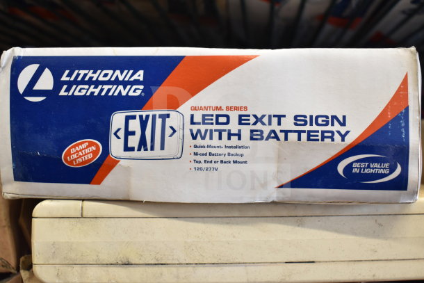 Lithonia Lighting LED Exit Sign with Battery, new, Quantum Series, damp location listed, 120/277V, scratch and dent.