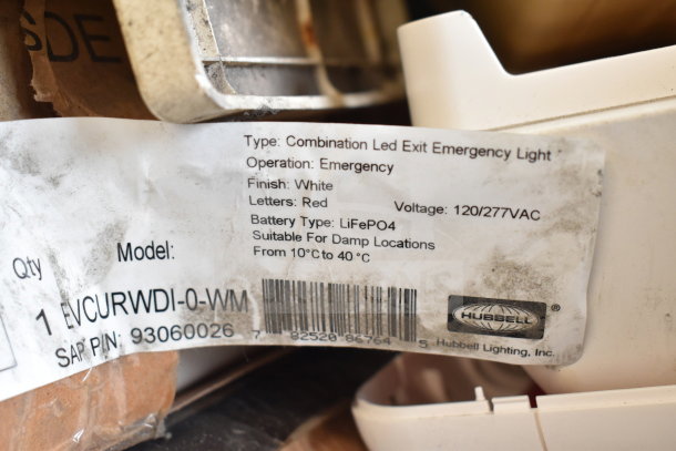 14 DualLite LED Exit Signs, model EUCURWDI-0-WM. New, scratch and dent; white finish, red letters, includes battery.