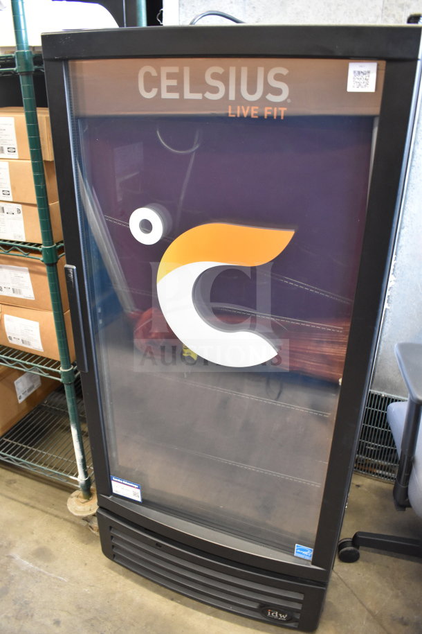 IDW GCG-10-F2334B single door reach-in cooler merchandiser, branded "Celsius Live Fit," 110-120 Volts, visible shelving.