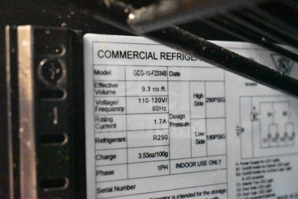 IDW GCG-10-F2334B Commercial Cooler label showing 9.3 cu.ft. capacity, 110-120V, 1PH, R290 refrigerant.