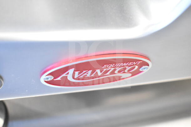 Brand new Avantco 177SL713MAN 13" meat slicer with minor scratches, 120V, gravity feed. Red label showing Avantco logo.