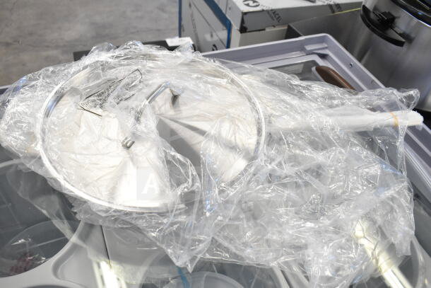 Brand new Vigor SS1 Series 7 Qt. stainless steel sauté pan with lid, aluminum-clad, helper handle, wrapped in plastic.