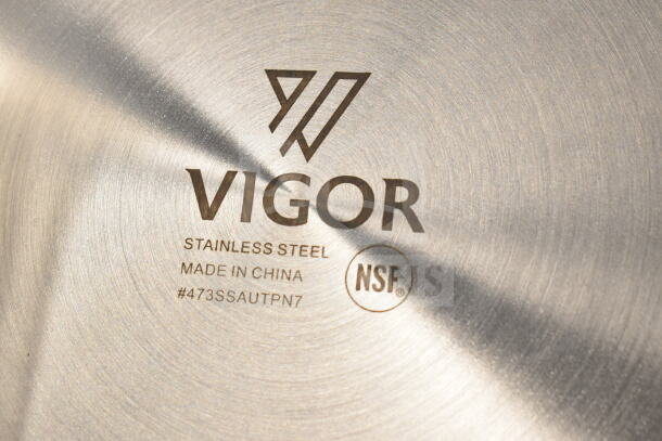 Vigor stainless steel marking on pan, model #473SSAUTPN7, NSF certified, made in China.