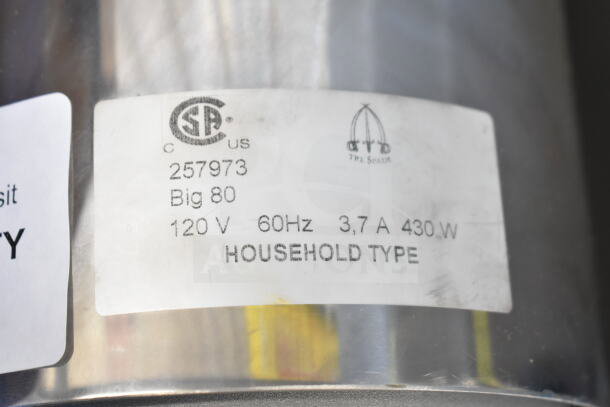BRAND NEW Tre Spade BIG-80 Electric Tomato Mill, 120V, 1 Phase, model F07600/CSA. Visible label details specifications.