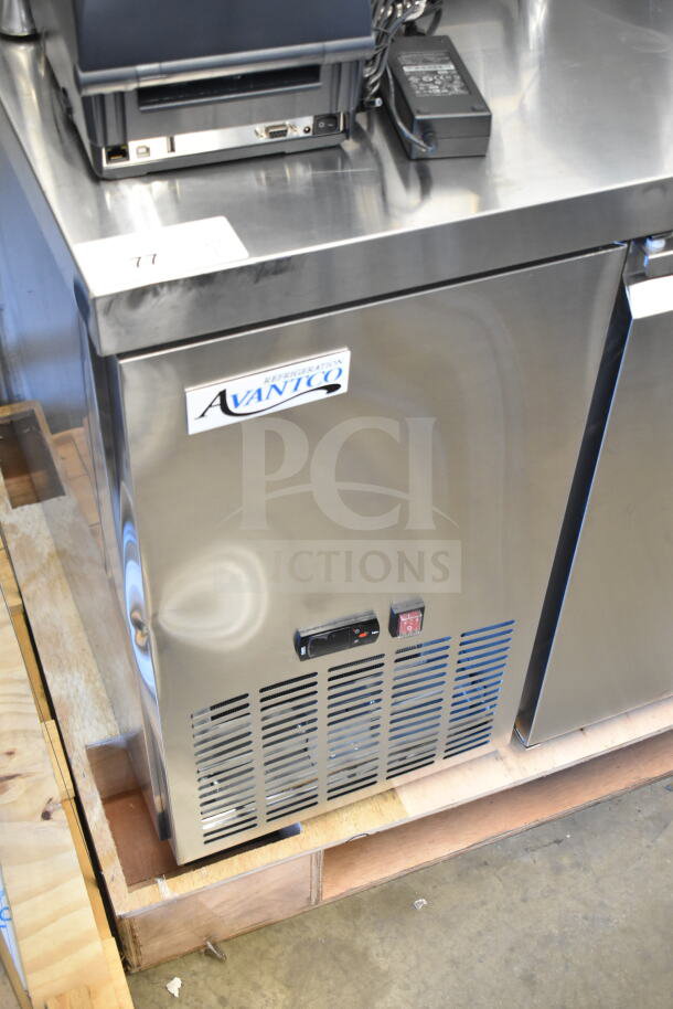 Brand new Avantco 178SSUD2R undercounter refrigerator, 1 door, 2 drawers, 115V, stainless steel, minor scratches visible.