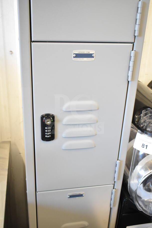 Gray metal locker, four-tier, one wide, 6 feet high, 15 inches deep, combination lock, visible Lockers.com label.