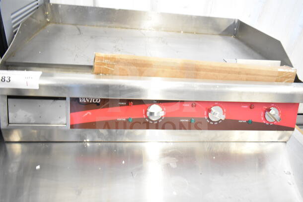 Brand new Avantco 177EG30N 30" electric countertop griddle, scratch and dent, 208/240V, stainless steel, 3 control knobs.
