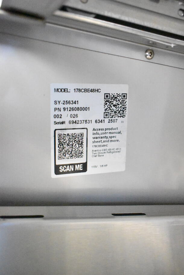 BRAND NEW Avantco 178CBE48HC Commercial 2 Door Chef Base, 115V, 1 Phase. Label shows model details and QR code for access.