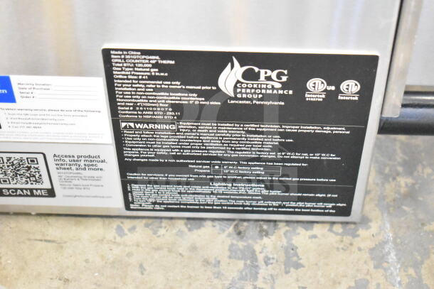 Brand new 2025 Cooking Performance Group 48" natural gas countertop griddle, model 351GTCPG48NL, 120,000 BTU, with flame failure protection and thermostatic controls.