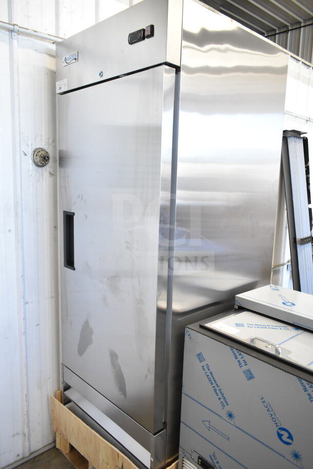 Brand new Avantco 178A23FHC commercial reach-in freezer, single door, stainless steel, 115V, scratch and dent condition.