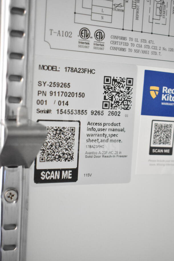 Label of Avantco 178A23FHC Commercial Freezer, showing model, serial number, and QR code for access to product info. 115V.