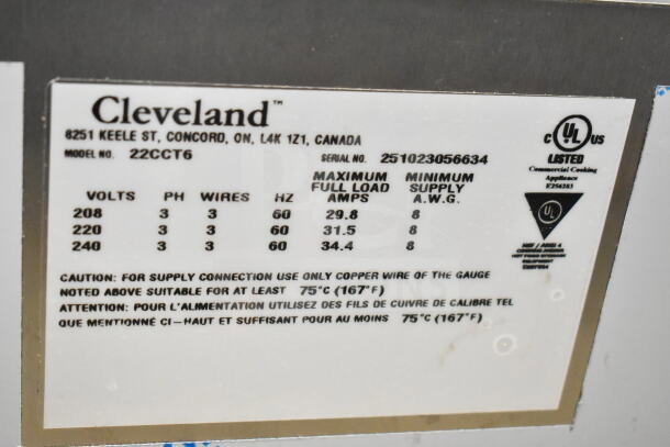 Label on a Cleveland 22CCT6 SteamChef, showing electrical specs: 208/240V, 3 Phase, 60Hz, UL Listed, caution for copper wire use.