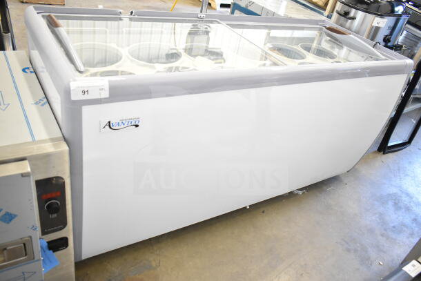 Brand new Avantco 360ADC12N ice cream dipping cabinet, 71", 115V, 1 phase, scratch and dent condition, visible brand label.