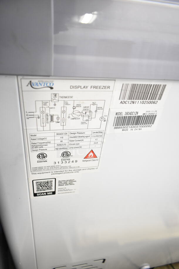 Brand new Avantco 360ADC12N ice cream dipping cabinet label showing model, voltage, refrigerant, and certification details.