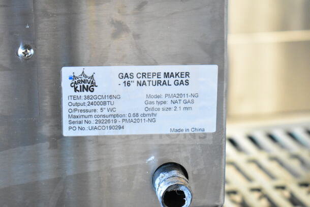BRAND NEW Carnival King 382GCM16NG 16" Gas Crepe Maker, 24,000 BTU. Steel construction, slight scratches. Made in China.