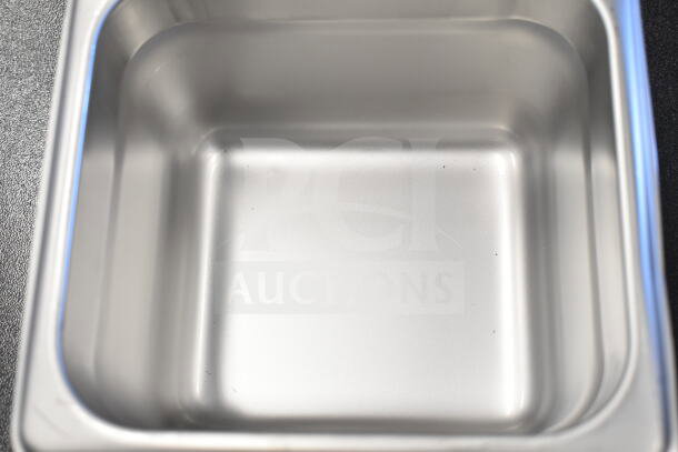 48 new scratch and dent stainless steel drop-in bins, featuring Choice 1/6 size anti-jam steam table pans, 22 gauge.