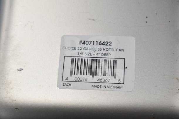Stainless steel drop-in bin with label showing #407116422, Choice 1/6 size, 4" deep hotel pan, made in Vietnam.