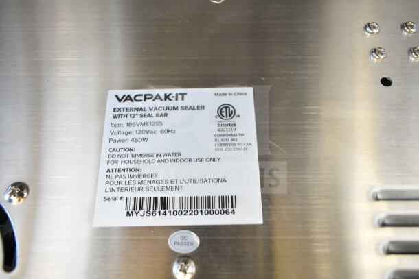 VacPak-It 186VME12SS vacuum sealer label, 12" seal bar, 120V, 460W, scratch and dent condition, with caution details.