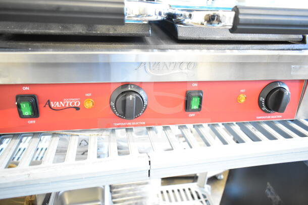 Avantco 177PG400S Commercial Panini Grill, dual smooth plates, 19 5/8" x 9 1/8" surface, temperature selectors, 120V.