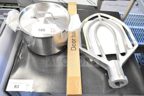 3 brand new scratch and dent items: Vigor 473SSPOT6 6.5 Qt. Stainless Steel Stock Pot, door handle, Vollrath 92240776 flat beater.
