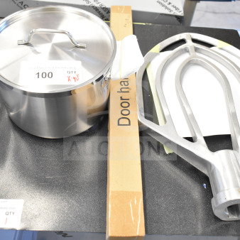 3 brand new scratch and dent items: Vigor 473SSPOT6 6.5 Qt. Stainless Steel Stock Pot, door handle, Vollrath 92240776 flat beater.