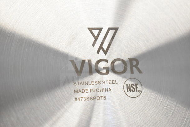 Stainless steel bottom of Vigor 473SSPOT6 stock pot, NSF certified, stamped "Made in China."