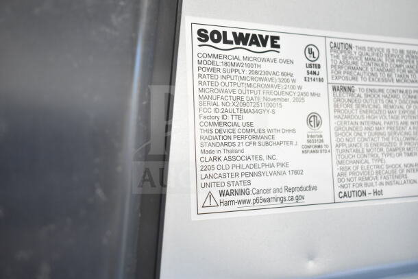BRAND NEW 2025 Solwave 180MW2100TH Stackable Commercial Microwave label, 2,100W, 208/240V, 1.2 cu. ft. interior, made in Thailand.