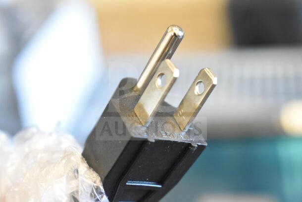 Close-up of a power plug for the Avantco 177BW32 stainless steel bun warmer, 120 volts, 1 phase. Wrapped in plastic.