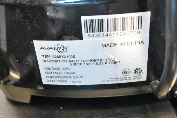Brand new AvaMix 928BX2100E commercial blender label, 3.5 hp, touchpad control, 64 oz Tritan container, 120V, 1 Ph.